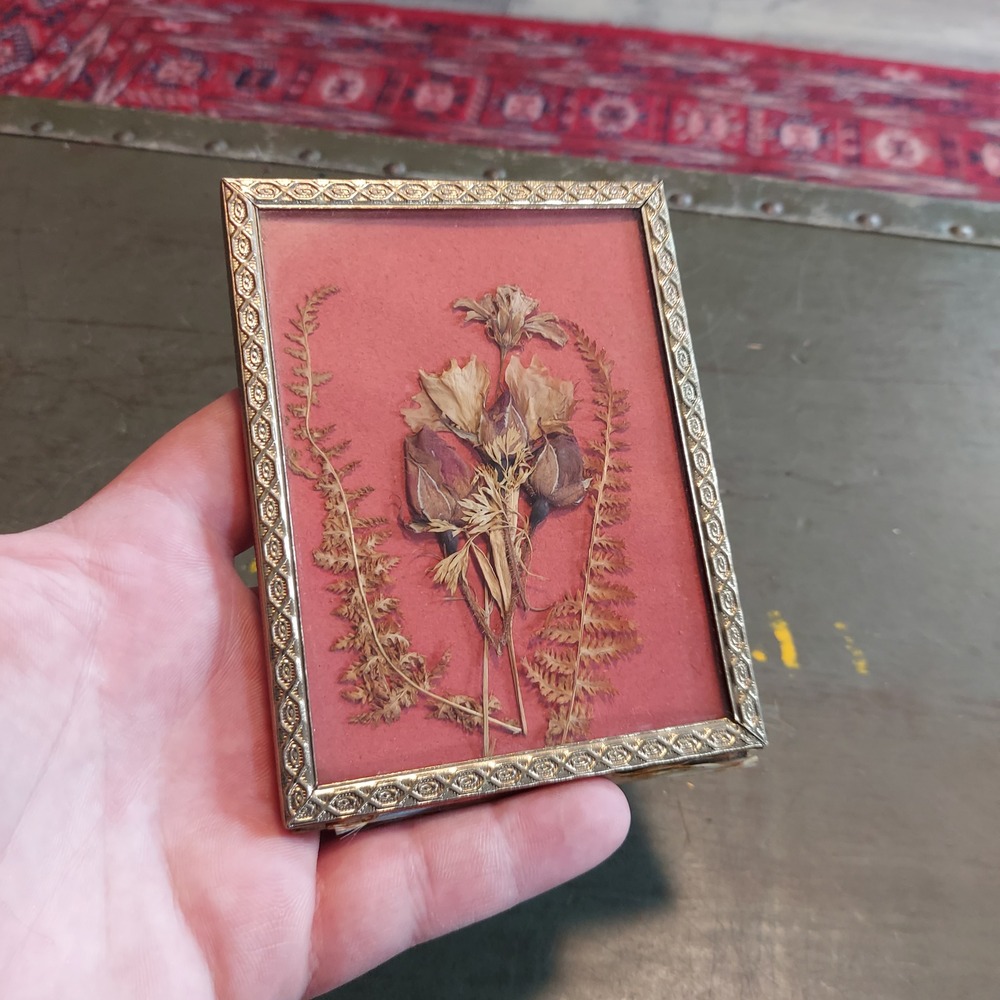 Vintage Pressed Flower Art Gold Embossed Metal Frame Dried Roses Ferns 4.5x3.5